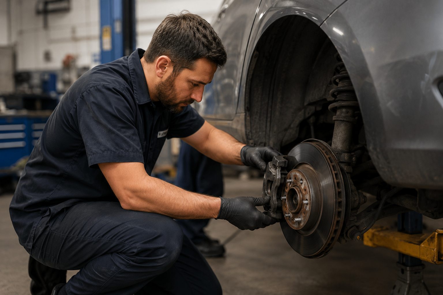 Mechanic working on brakes